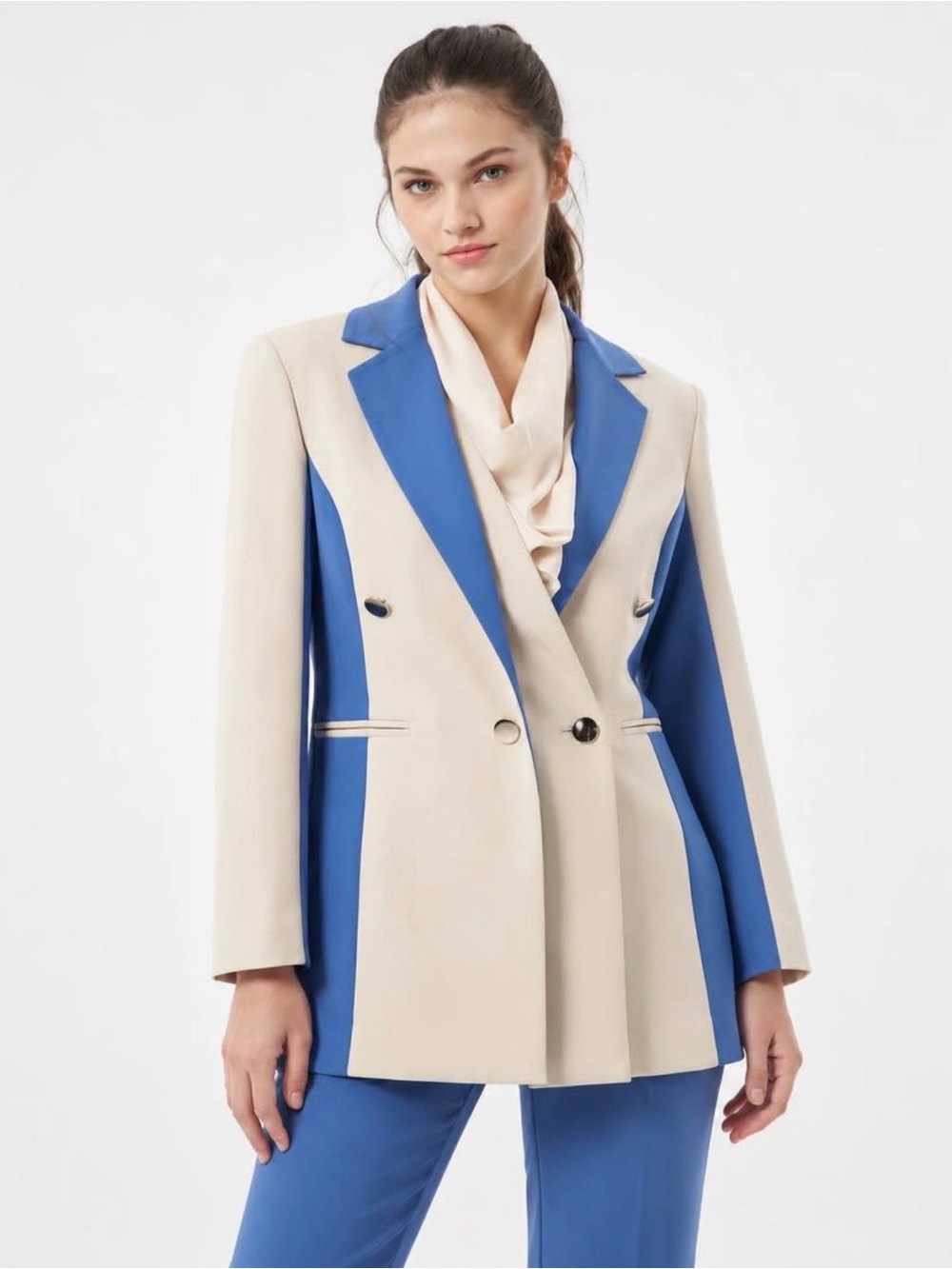 Colorblock Double-Breasted Blazer - Cream & Blue